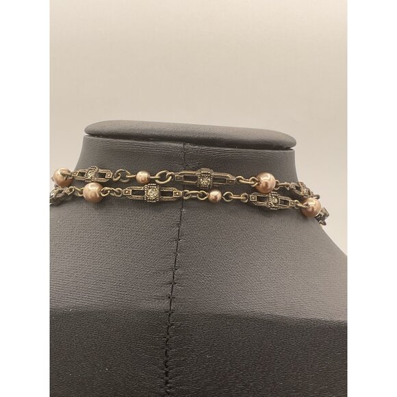 Vintage Faux Pearl Metal Link Necklace Tassel Pendant Elegant Statement Jewelry - Picture 4 of 4